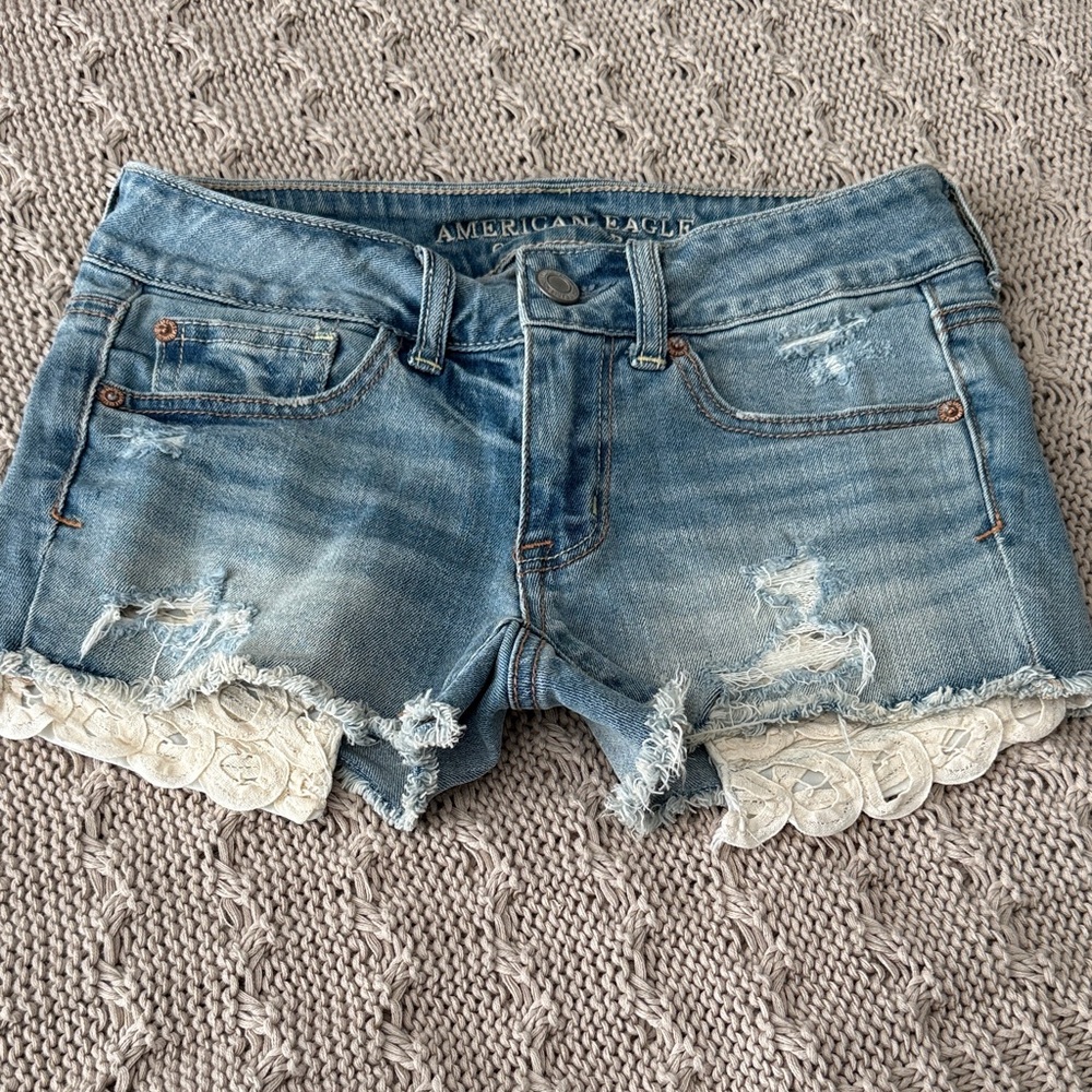 American Eagle Outfitters Light Blue Jean Shorts with White Lace